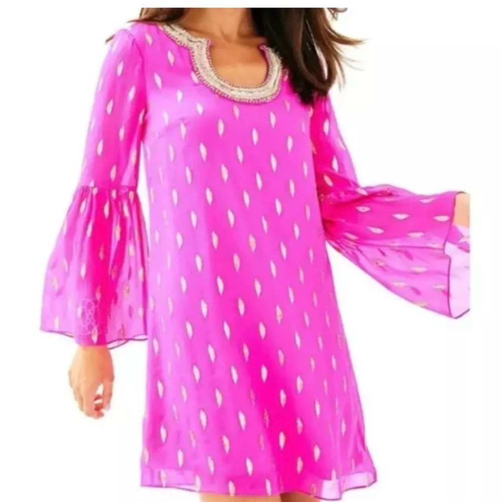 Lilly Pulitzer Amory Silk Dress Raz Berry Metallic Size 4 Pink